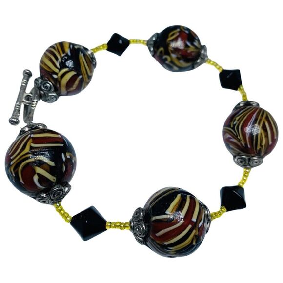 Murano Italy Swirl Multicolor Chunky Glass Bead Bracelet 9" Rare 19mm Trendy - Picture 2 of 10
